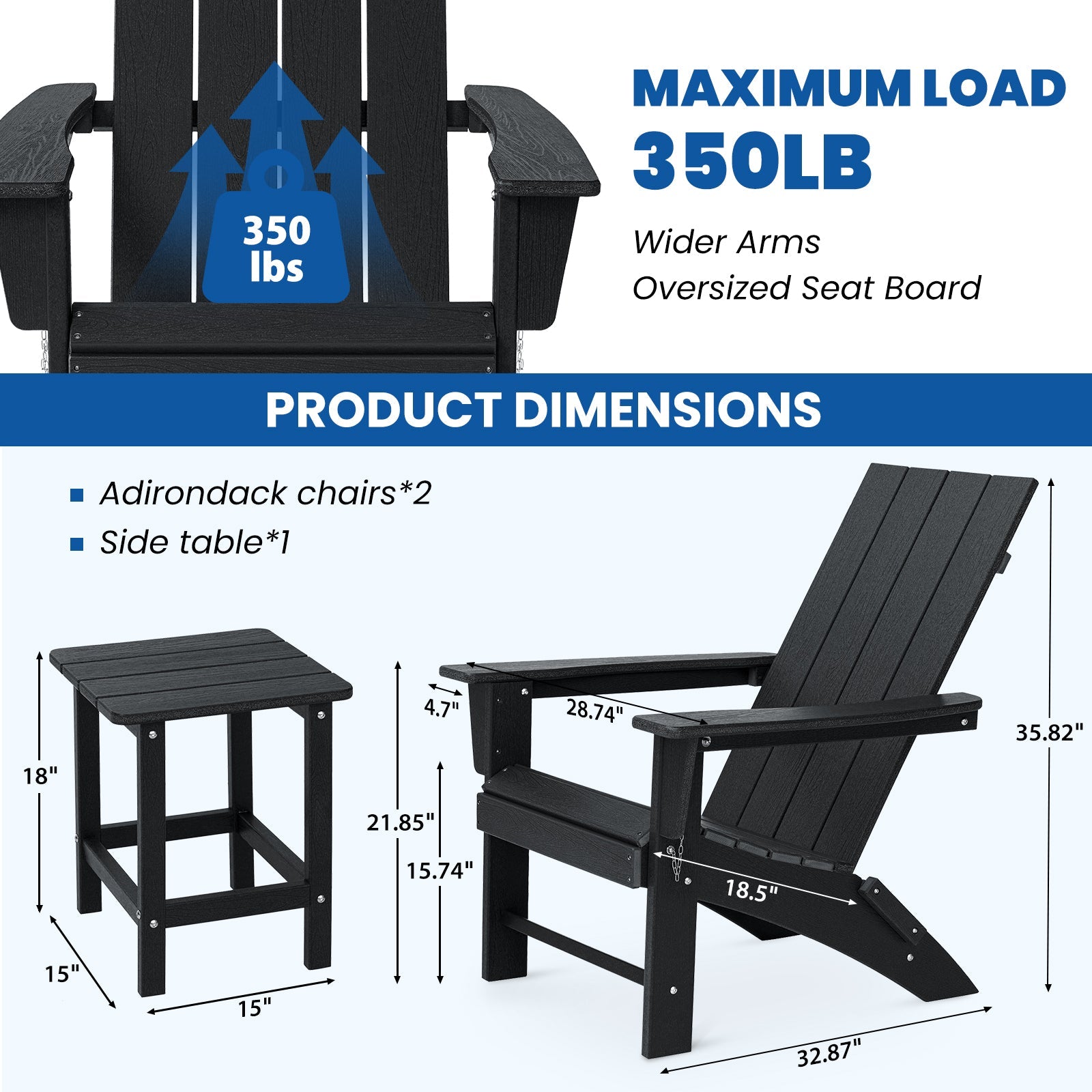 HDPE Folding 2 Adirondack Bench Lounge Chairs with Footrest &Table Outdoor Patio