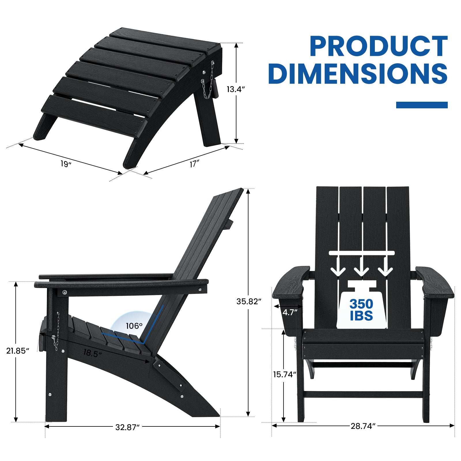 HDPE Folding 2 Adirondack Bench Lounge Chairs with Footrest &Table Outdoor Patio