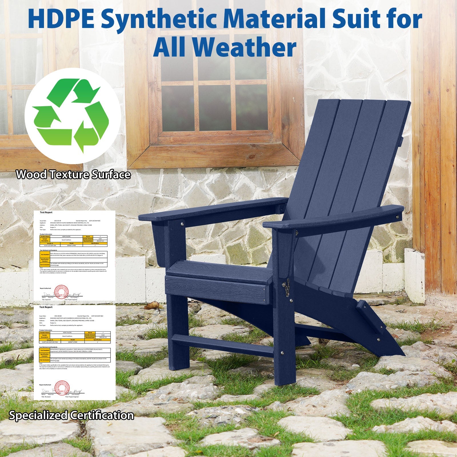 HDPE Folding 2 Adirondack Bench Lounge Chairs with Footrest &Table Outdoor Patio