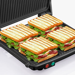 Yabano Panini Press Grill, Gourmet Sandwich Maker, Electric Indoor Grill with Non-Stick Cooking Plate and Removable Drip Tray, E