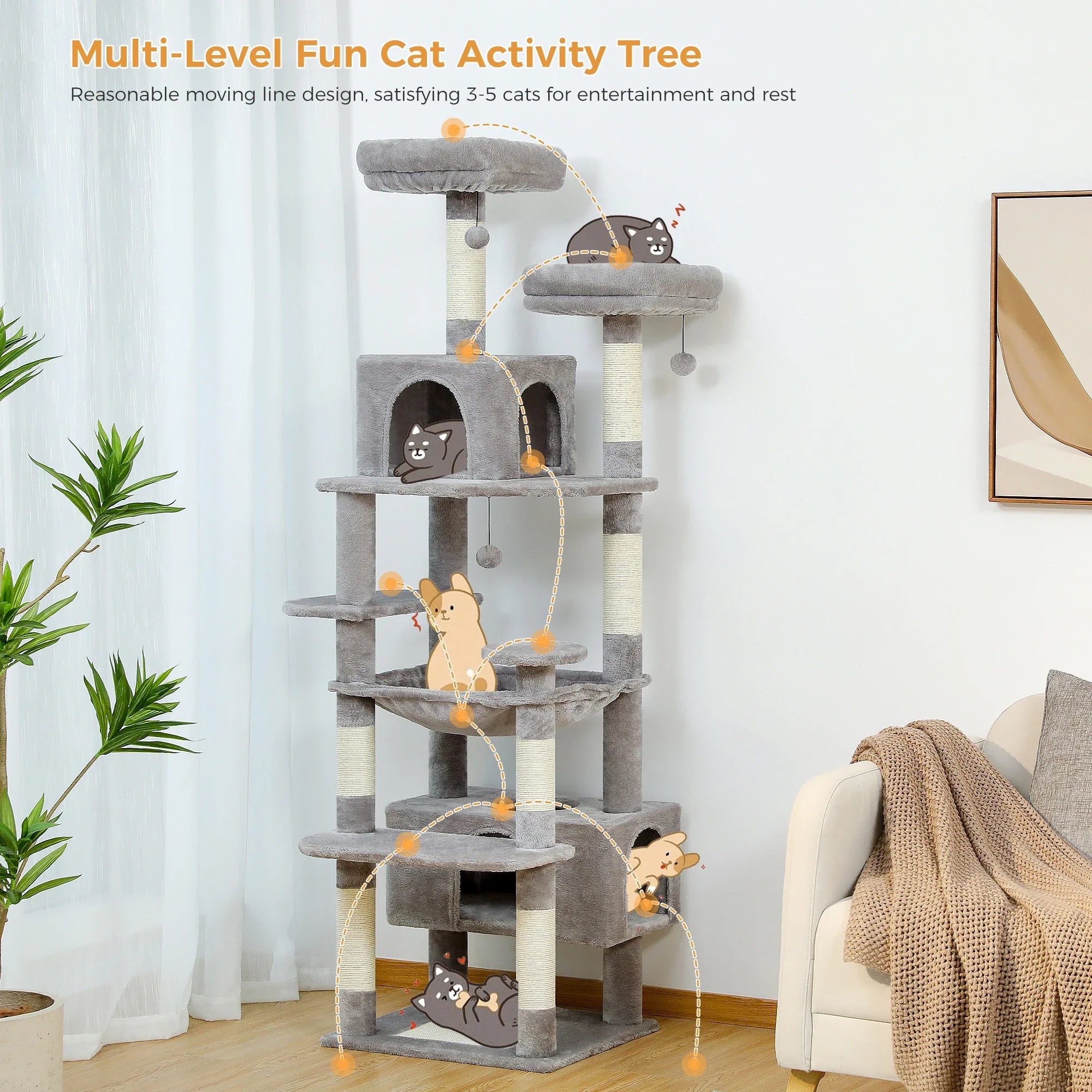 H184CM Large Cat Tower with Sisal Scratching Posts Spacious Condo Perch Stable for Kitten Multi-Level Tower Indoor Cozy Hummocks