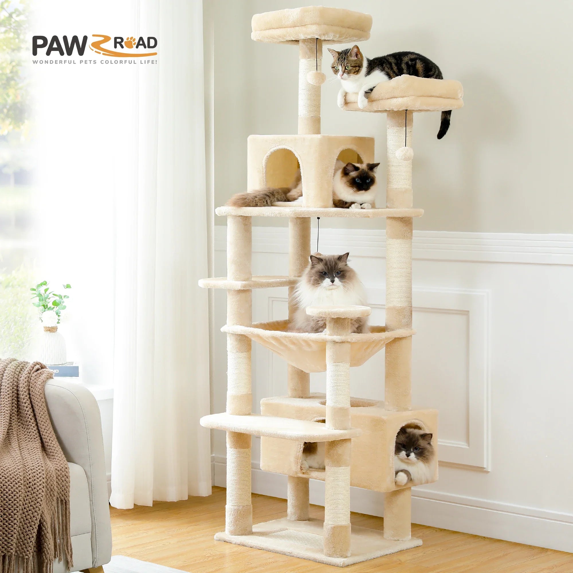 H184CM Large Cat Tower with Sisal Scratching Posts Spacious Condo Perch Stable for Kitten Multi-Level Tower Indoor Cozy Hummocks