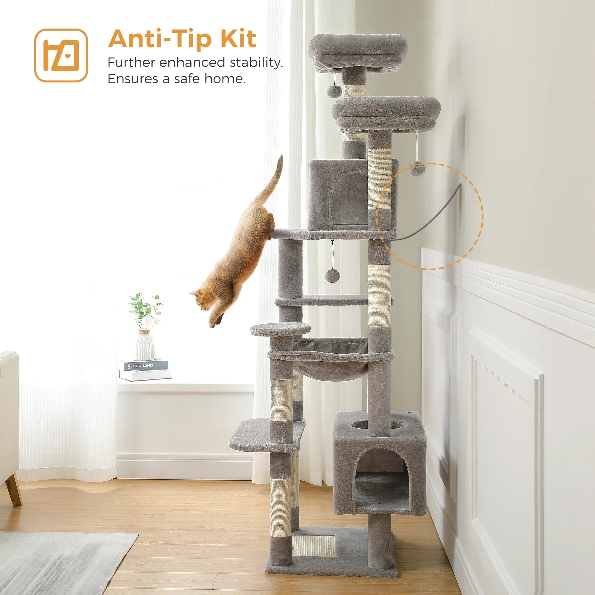 H184CM Large Cat Tower with Sisal Scratching Posts Spacious Condo Perch Stable for Kitten Multi-Level Tower Indoor Cozy Hummocks