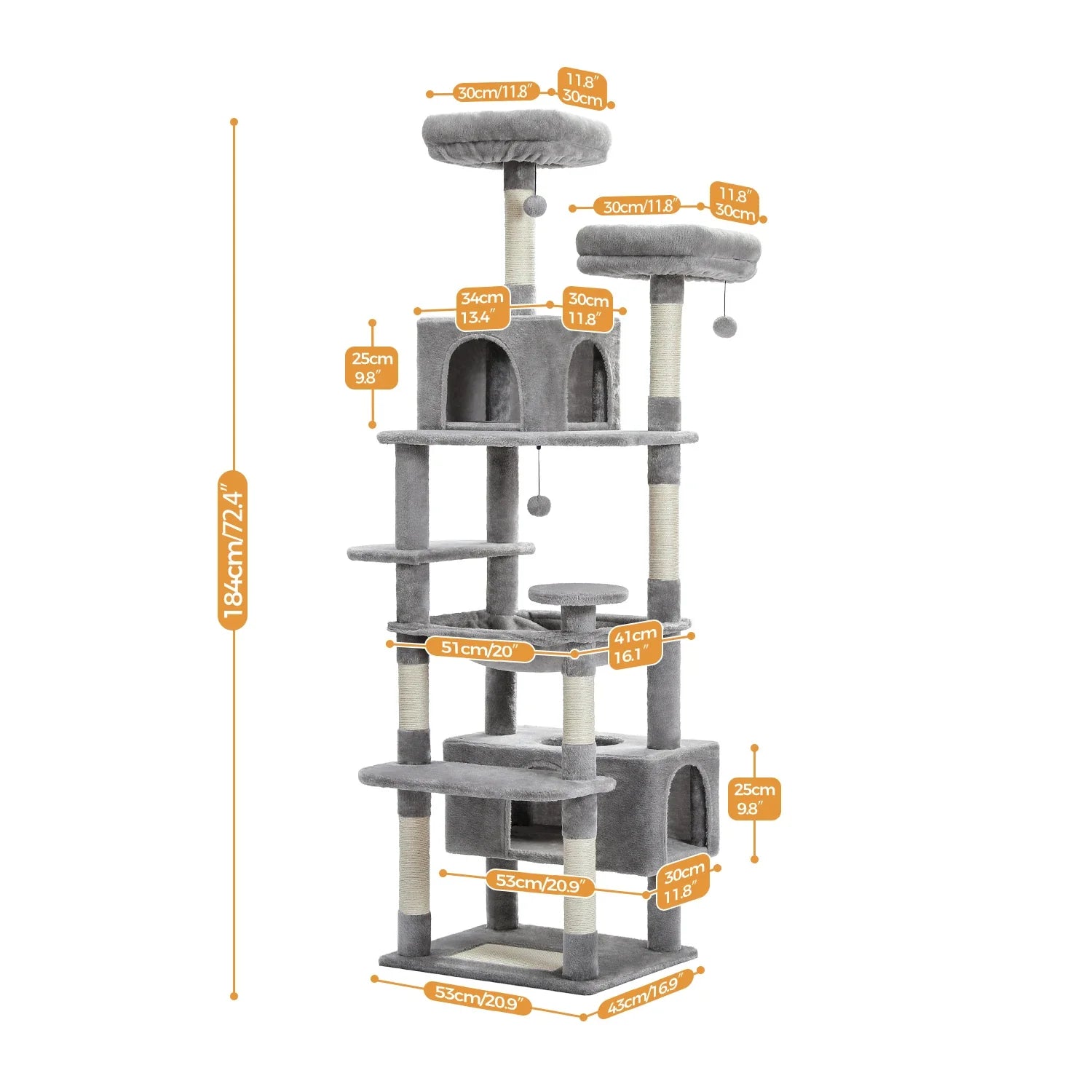 H184CM Large Cat Tower with Sisal Scratching Posts Spacious Condo Perch Stable for Kitten Multi-Level Tower Indoor Cozy Hummocks