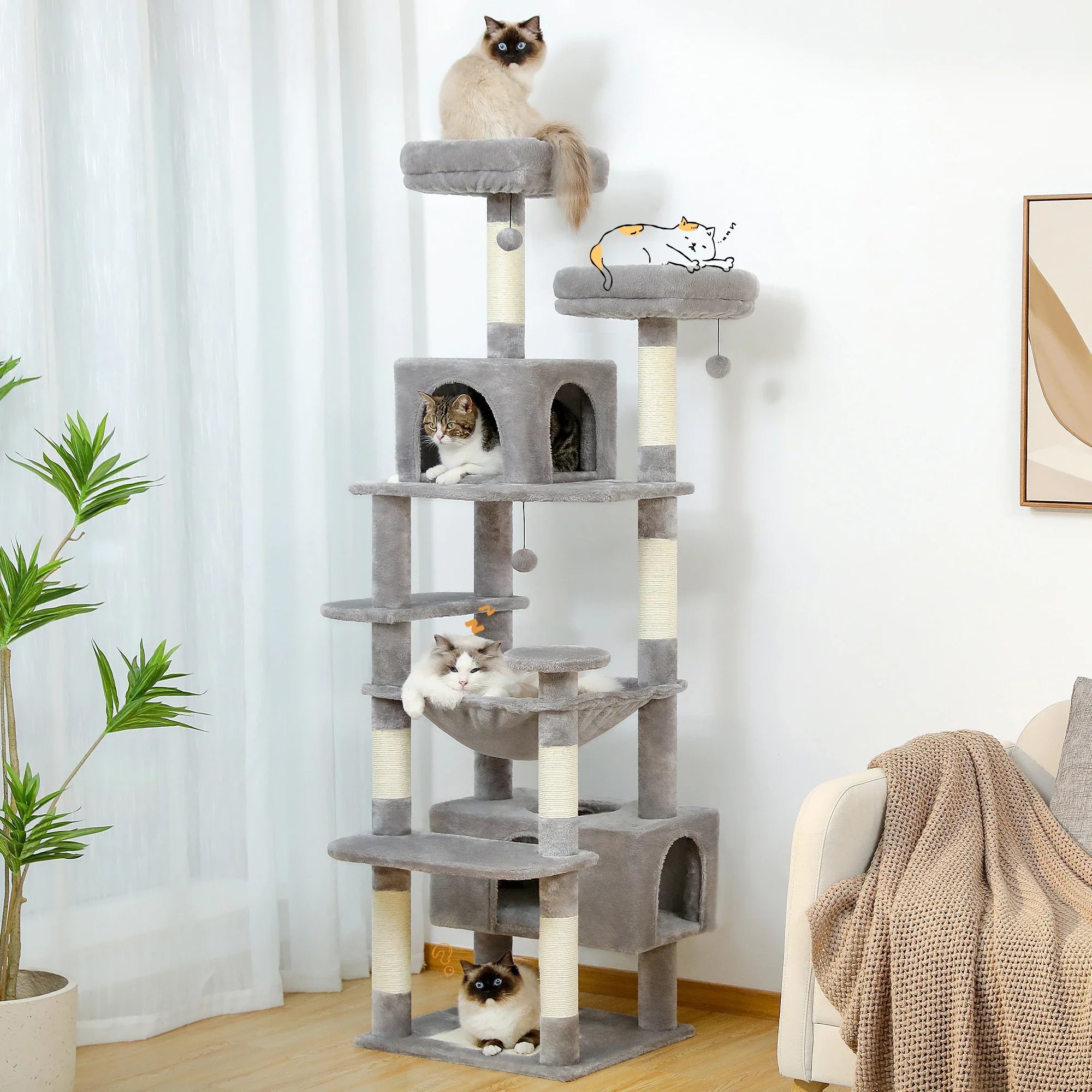 H184CM Large Cat Tower with Sisal Scratching Posts Spacious Condo Perch Stable for Kitten Multi-Level Tower Indoor Cozy Hummocks