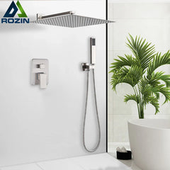 Wall Mounted Rainfall Shower Faucet Bathroom Stainless Steel Brushed Nickel Concealed Faucets 16'' Head Hot Cold Water Mixer Tap