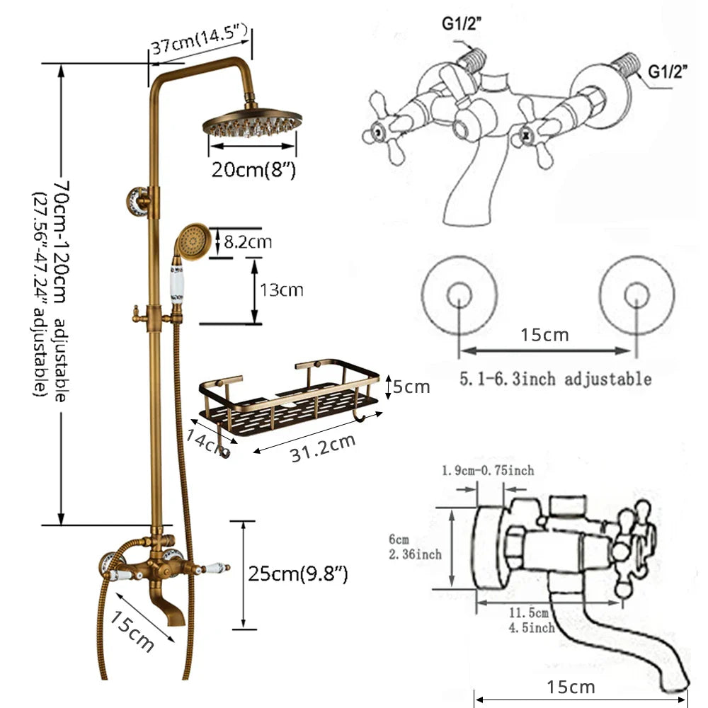 POIQIHY Antique Shower Set Wall Bathroom Bath Shower Faucet Rainfall Brass Swivel Spout Mixer Tap Sliding Bar Shower System