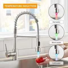 Kitchen Faucets Brush Brass Faucets for Kitchen Sink  Single Lever Pull Down Spring Spout Mixers Tap Hot Cold Water Crane 9009