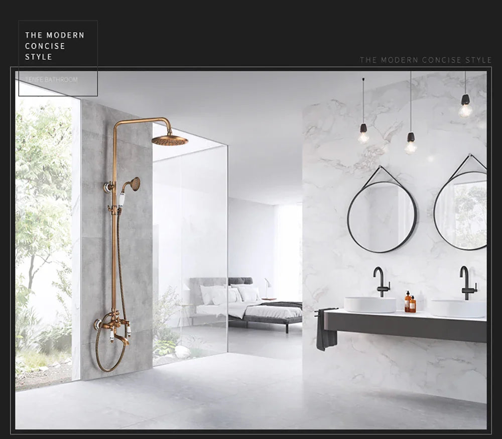 POIQIHY Antique Shower Set Wall Bathroom Bath Shower Faucet Rainfall Brass Swivel Spout Mixer Tap Sliding Bar Shower System