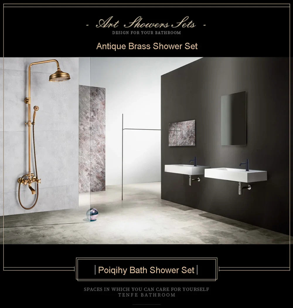 POIQIHY Antique Shower Set Wall Bathroom Bath Shower Faucet Rainfall Brass Swivel Spout Mixer Tap Sliding Bar Shower System