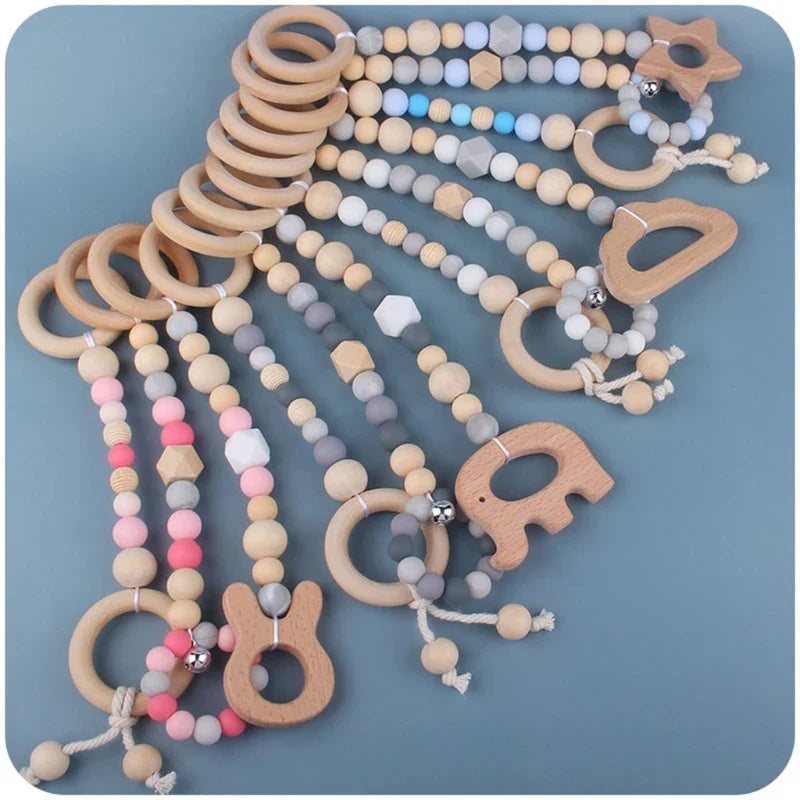 3/4 Pcs Baby Gym Frame Beech Wood Ring Baby Fitness Rack Pendants Silicone Beads Teether Newborn Stroller Rattle Play Gym Toys