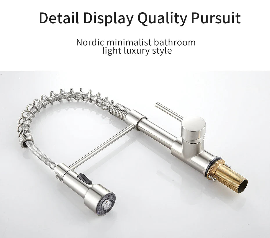 Kitchen Faucets Brush Brass Faucets for Kitchen Sink  Single Lever Pull Down Spring Spout Mixers Tap Hot Cold Water Crane 9009