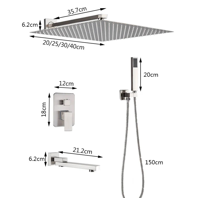 Wall Mounted Rainfall Shower Faucet Bathroom Stainless Steel Brushed Nickel Concealed Faucets 16'' Head Hot Cold Water Mixer Tap