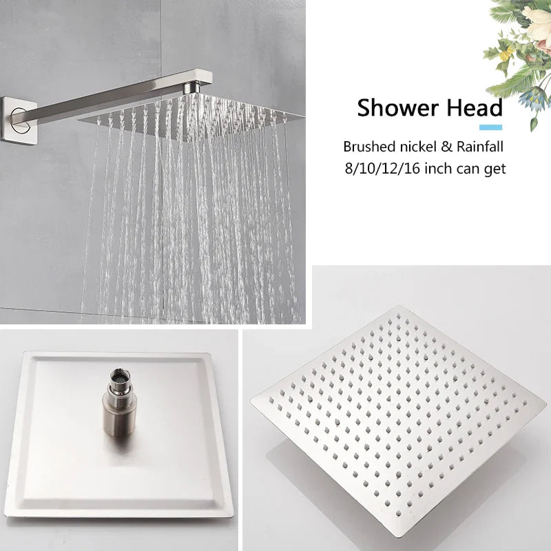 Wall Mounted Rainfall Shower Faucet Bathroom Stainless Steel Brushed Nickel Concealed Faucets 16'' Head Hot Cold Water Mixer Tap