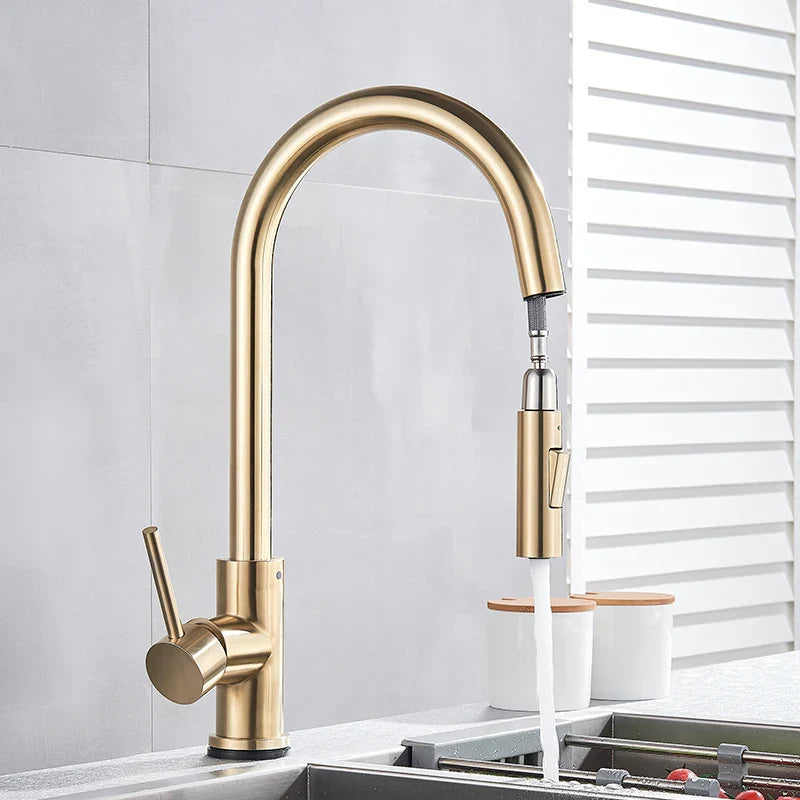 Brushed Gold Pull Out Touch Sensor Kitchen Faucet 360 Rotation Smart Kitchen Faucet Sensor Tap Faucet Single Handle Mixer Tap