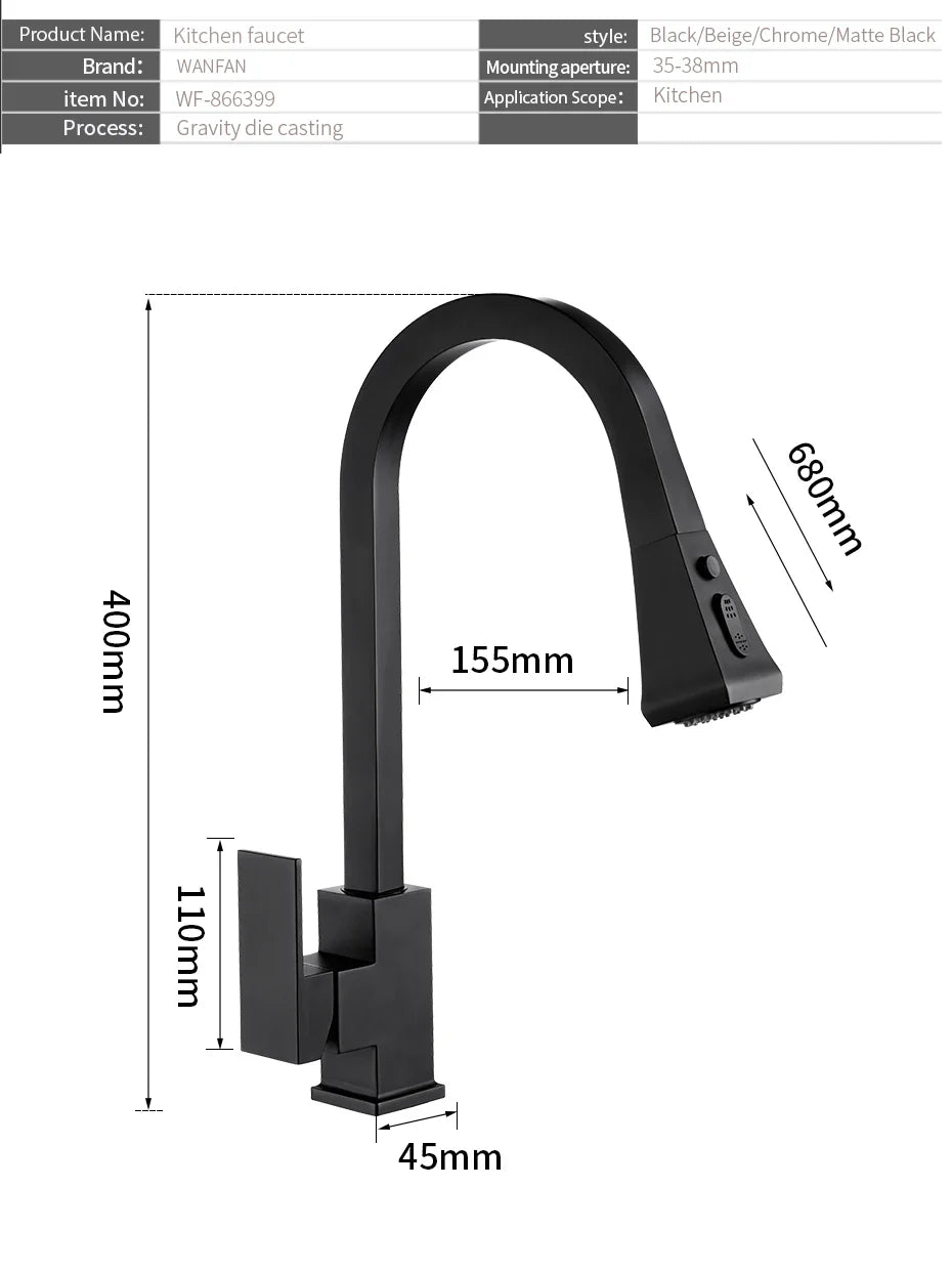 Kitchen Faucets Silver Pull Out Tap Single Hole Handle Solid Brass Black Swivel 360 Degree Water Mixer   866399R