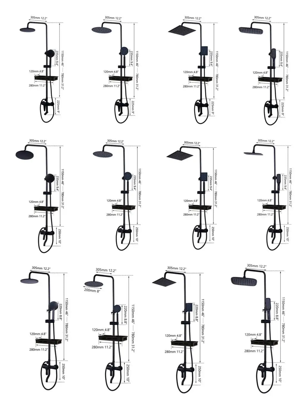 KEMAIDI Matte Black Rainfall Shower Faucet Set Single Lever Bathtub Shower Mixer Faucet & Storage Shelf  Shower Mixer Water Tap