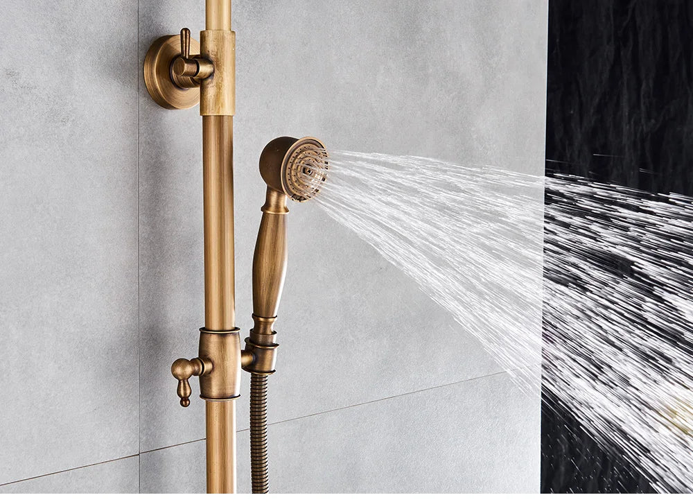 POIQIHY Antique Shower Set Wall Bathroom Bath Shower Faucet Rainfall Brass Swivel Spout Mixer Tap Sliding Bar Shower System