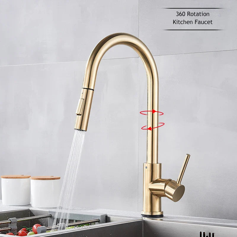 Brushed Gold Pull Out Touch Sensor Kitchen Faucet 360 Rotation Smart Kitchen Faucet Sensor Tap Faucet Single Handle Mixer Tap