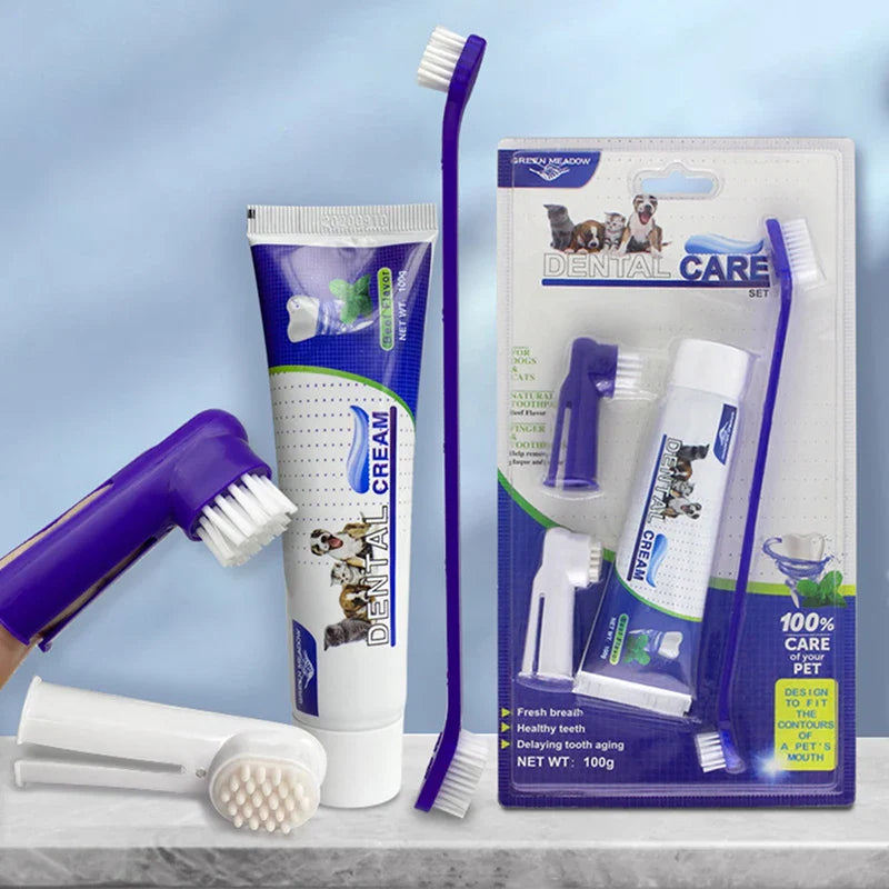 Pet Dog Cat Toothpaste Pupp  Medium Large Dog Oral Cleaning supplies Four-Piece Cat And Dogs Set  Toothpaste Toothbrush Set