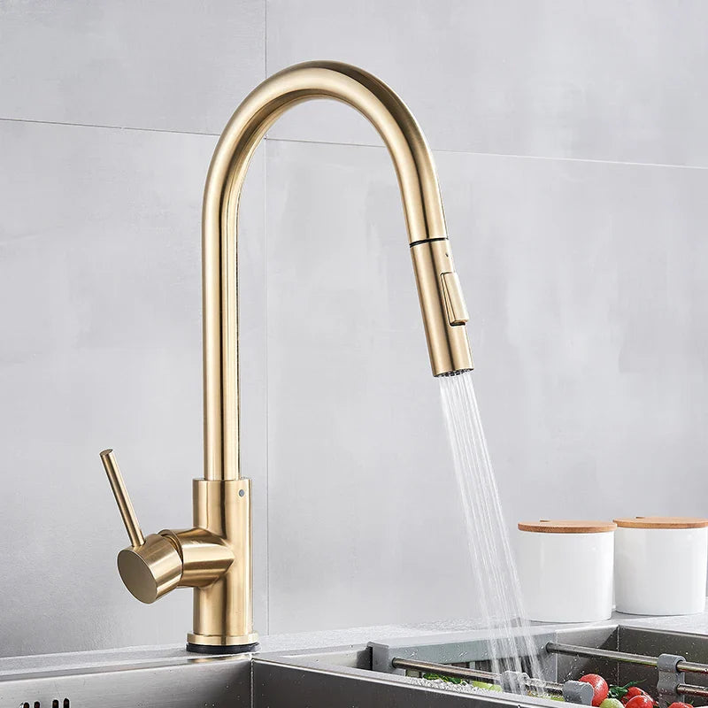 Brushed Gold Pull Out Touch Sensor Kitchen Faucet 360 Rotation Smart Kitchen Faucet Sensor Tap Faucet Single Handle Mixer Tap