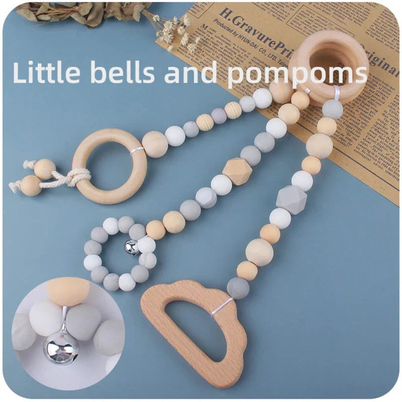 3/4 Pcs Baby Gym Frame Beech Wood Ring Baby Fitness Rack Pendants Silicone Beads Teether Newborn Stroller Rattle Play Gym Toys