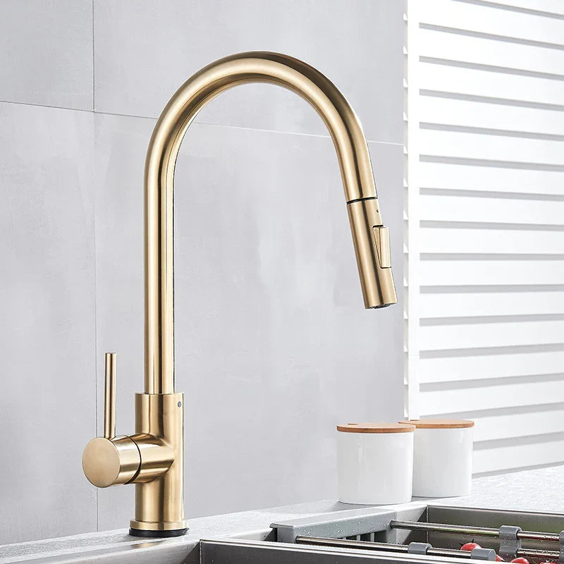 Brushed Gold Pull Out Touch Sensor Kitchen Faucet 360 Rotation Smart Kitchen Faucet Sensor Tap Faucet Single Handle Mixer Tap