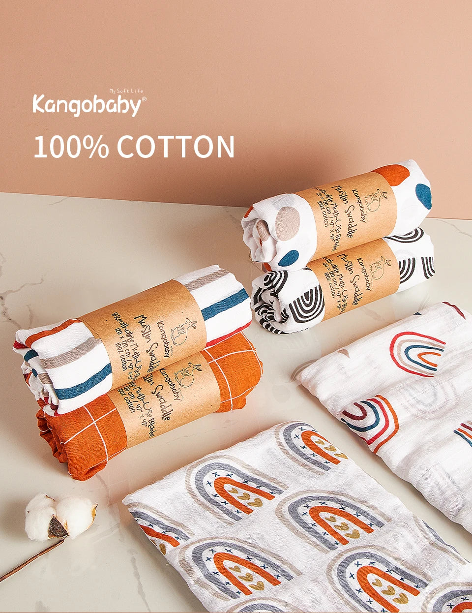 Kangobaby #My Soft Life# All Season Muslin Swaddle Blanket Newborn Bath Towel Multi Designs Functions Baby Wrap Infant Quilt