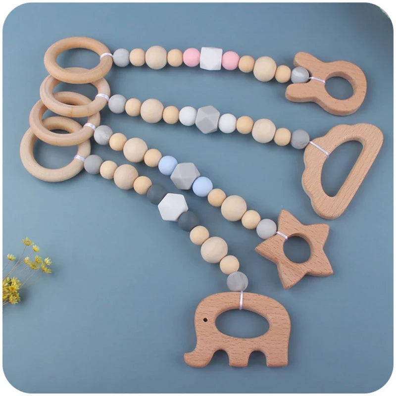 3/4 Pcs Baby Gym Frame Beech Wood Ring Baby Fitness Rack Pendants Silicone Beads Teether Newborn Stroller Rattle Play Gym Toys