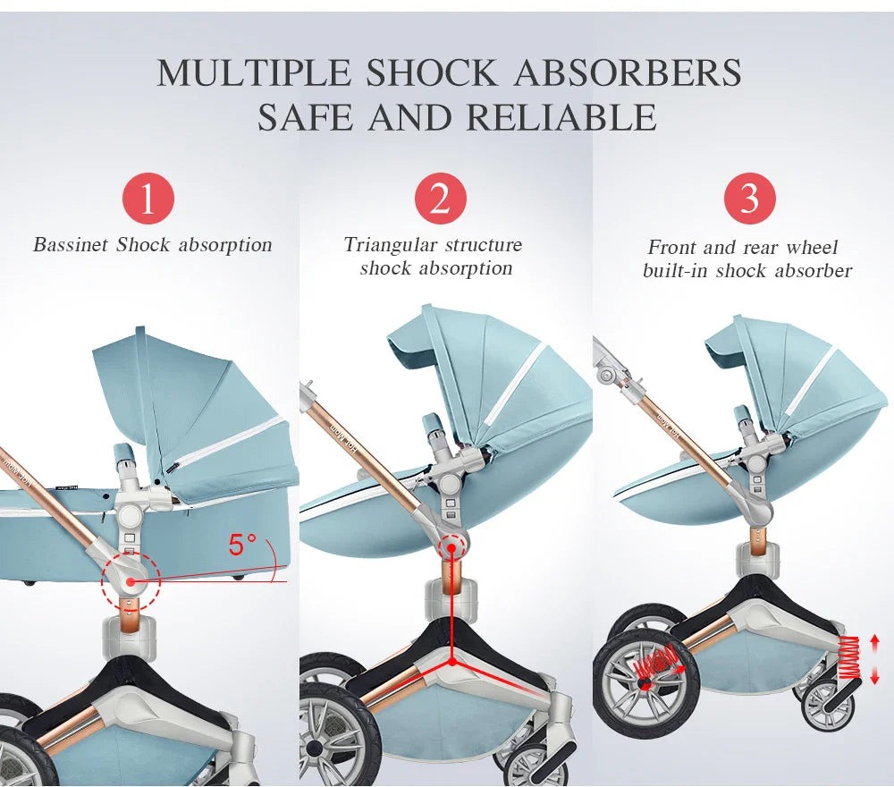 Hot Mom F023 Baby Stroller 2 in 1,Rotates 360 Degrees,PU Leather, Mosquito Net, Rain Cover, Adapter, Cup Holder, large wheels