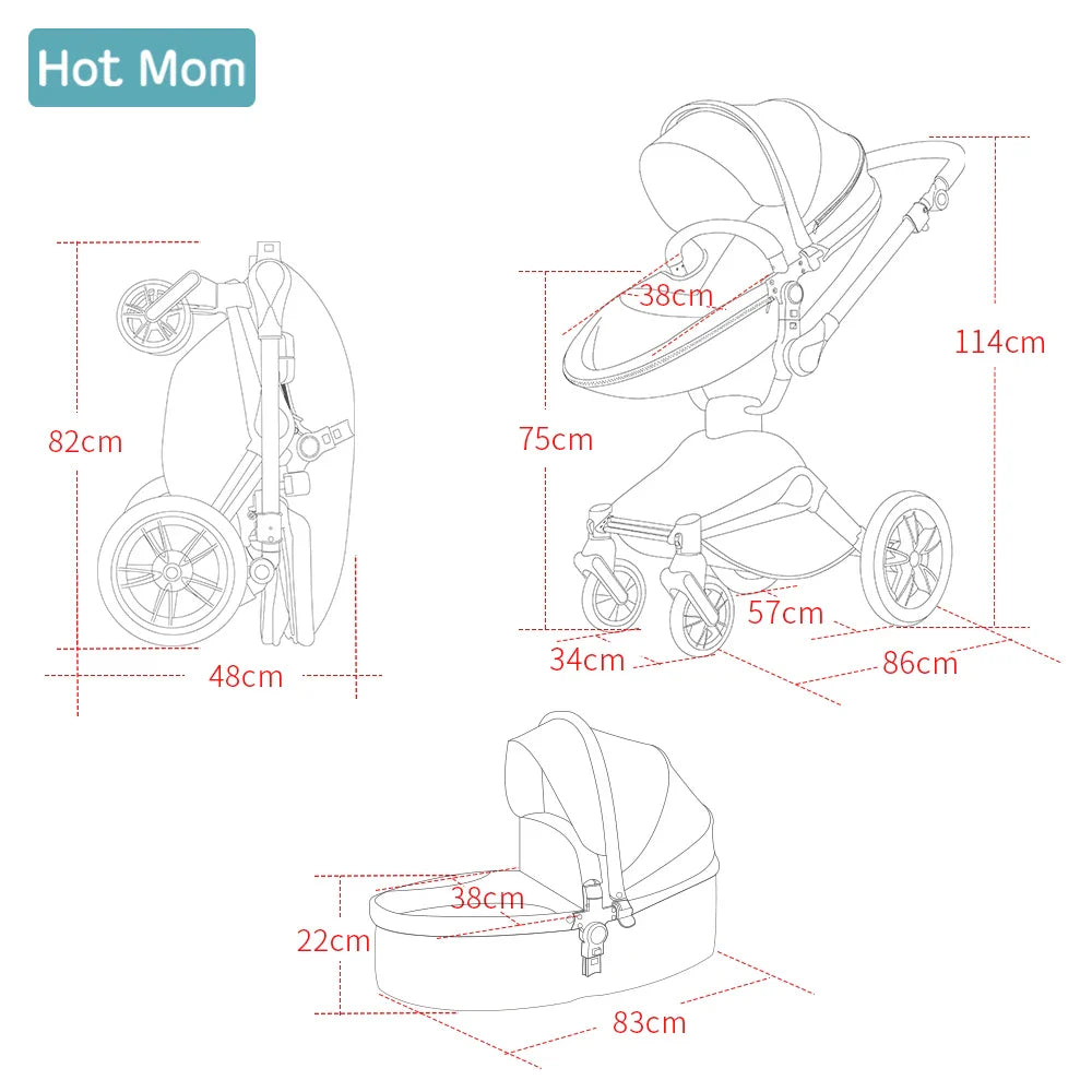 Hot Mom F023 Baby Stroller 2 in 1,Rotates 360 Degrees,PU Leather, Mosquito Net, Rain Cover, Adapter, Cup Holder, large wheels