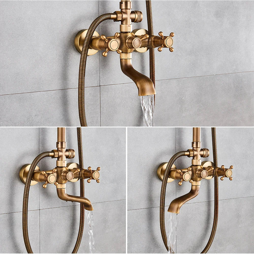 POIQIHY Antique Shower Set Wall Bathroom Bath Shower Faucet Rainfall Brass Swivel Spout Mixer Tap Sliding Bar Shower System