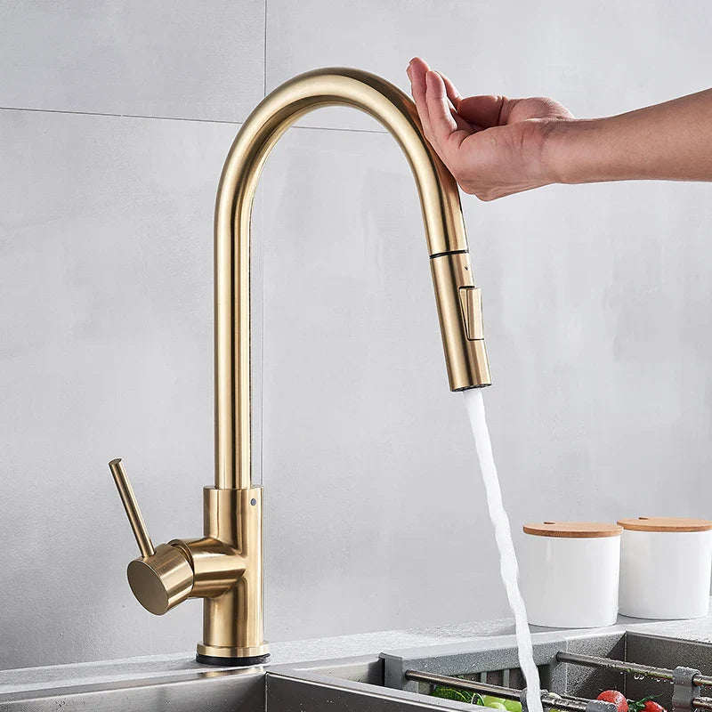 Brushed Gold Pull Out Touch Sensor Kitchen Faucet 360 Rotation Smart Kitchen Faucet Sensor Tap Faucet Single Handle Mixer Tap