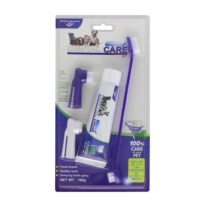 Pet Dog Cat Toothpaste Pupp  Medium Large Dog Oral Cleaning supplies Four-Piece Cat And Dogs Set  Toothpaste Toothbrush Set