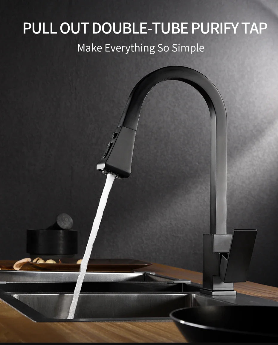 Kitchen Faucets Silver Pull Out Tap Single Hole Handle Solid Brass Black Swivel 360 Degree Water Mixer   866399R