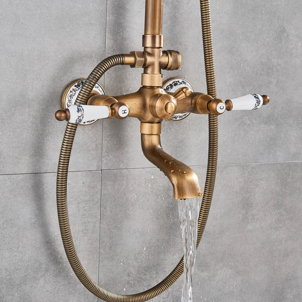 POIQIHY Antique Shower Set Wall Bathroom Bath Shower Faucet Rainfall Brass Swivel Spout Mixer Tap Sliding Bar Shower System