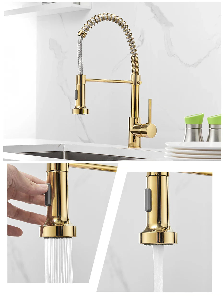 Kitchen Faucets Brush Brass Faucets for Kitchen Sink  Single Lever Pull Down Spring Spout Mixers Tap Hot Cold Water Crane 9009