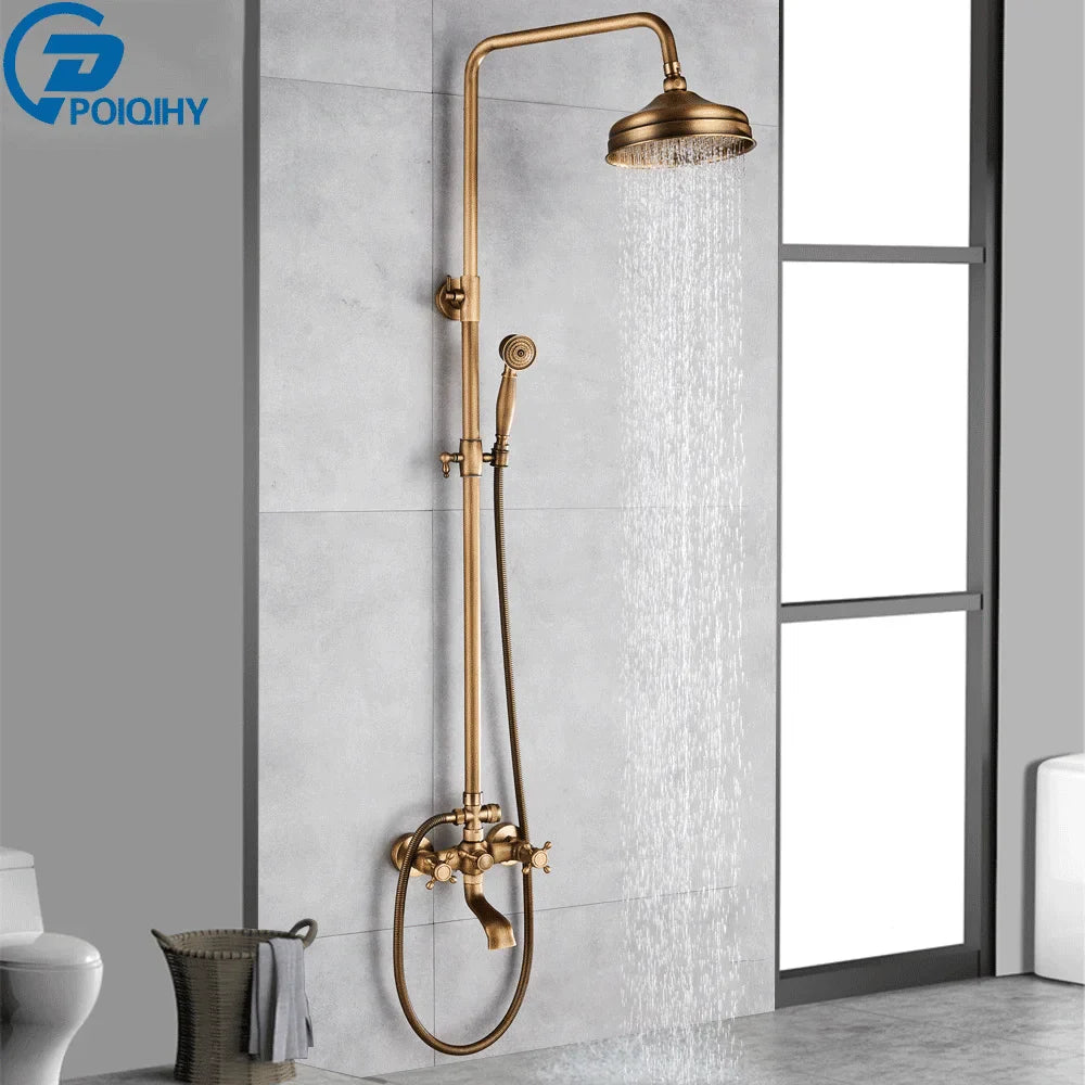 POIQIHY Antique Shower Set Wall Bathroom Bath Shower Faucet Rainfall Brass Swivel Spout Mixer Tap Sliding Bar Shower System