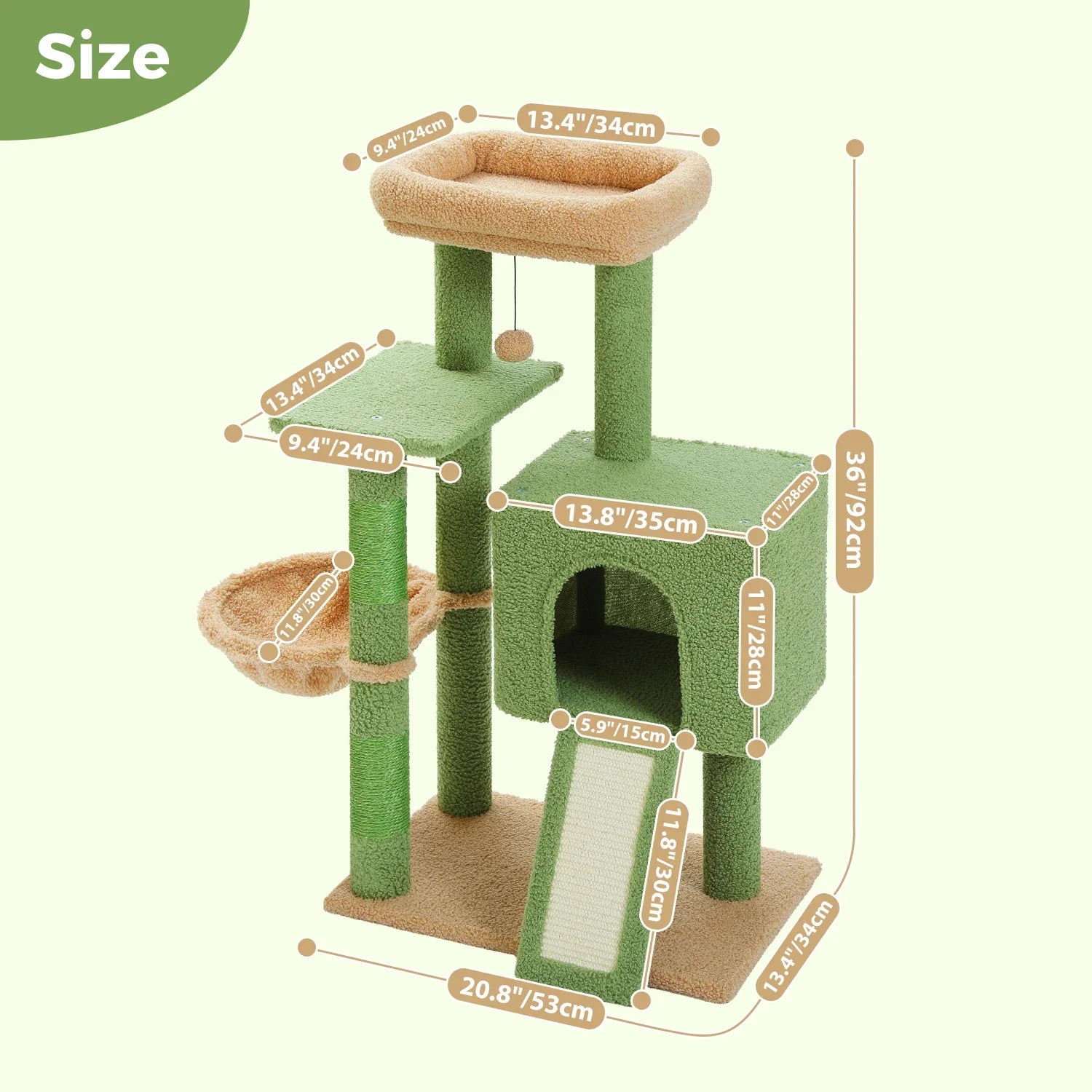 41''&36'' Cactus Cat Tree Tower with Sisal Scratch Posts Cozy Condo for Indoor Cats Multi-Level Climbing Stand with Soft Hammock