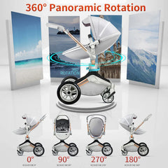 Hot Mom F023 Baby Stroller 2 in 1,Rotates 360 Degrees,PU Leather, Mosquito Net, Rain Cover, Adapter, Cup Holder, large wheels