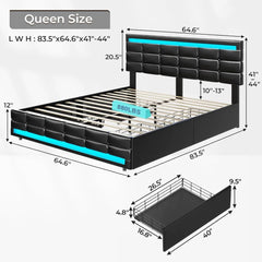 Queen Bed Frame with LED Lights Leather Platform Bed with Storage Drawers and Charging Station,with Adjustable Headboard,Black