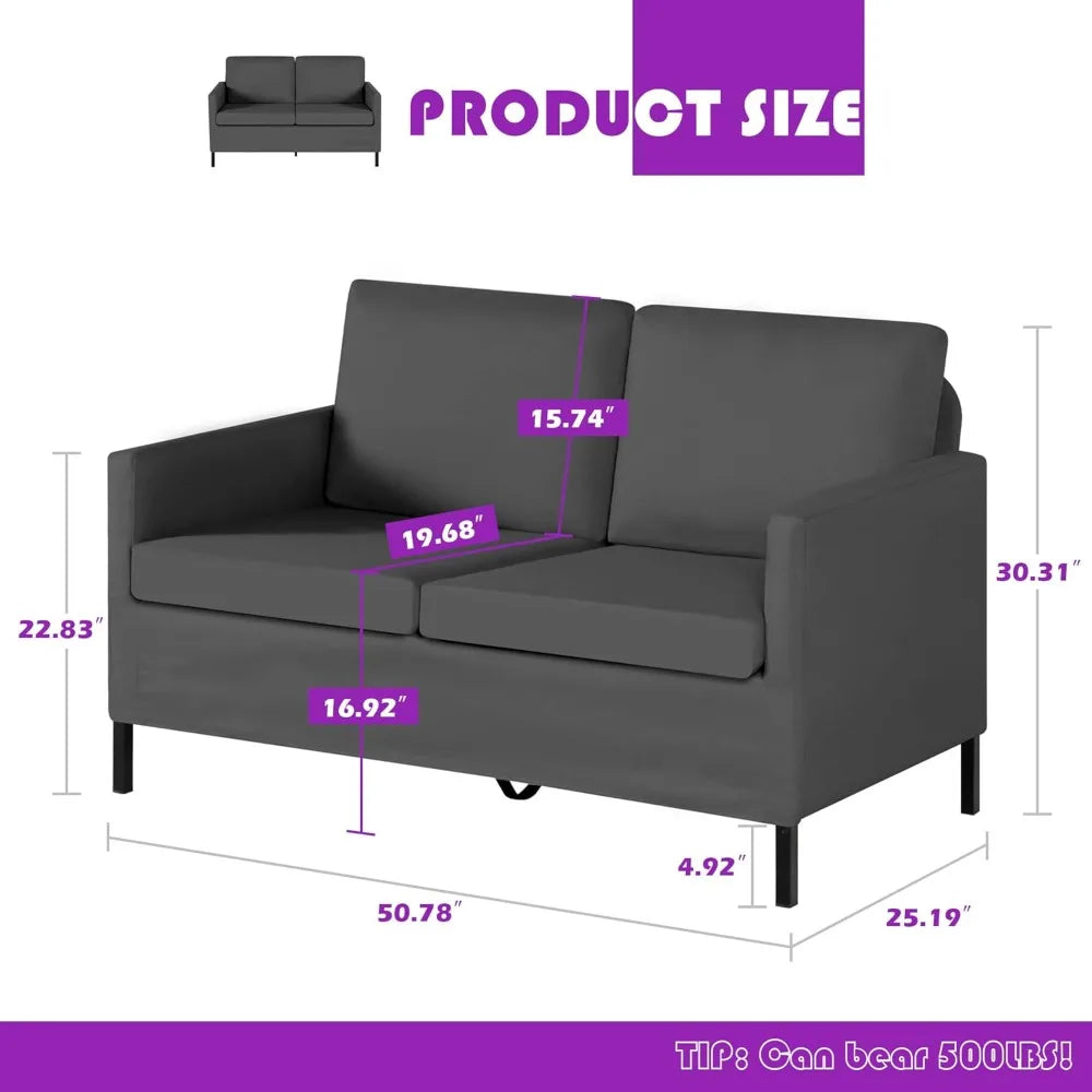 Linen Fabric Modern Small Loveseat Sofa Couch for Living Room, Little Upholstered 2-Seater Mini Love Seats w/Iron Legs