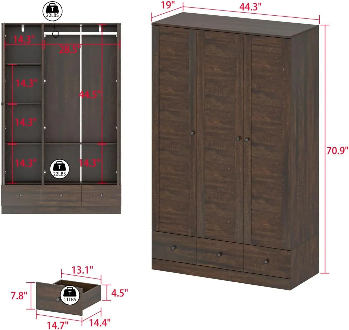 4 Shutter Door Wardrobe Armoire Closet with Shelves and Drawers, Armoire Wardrobe Closet with 2 Hanging Rods for Bedroom White