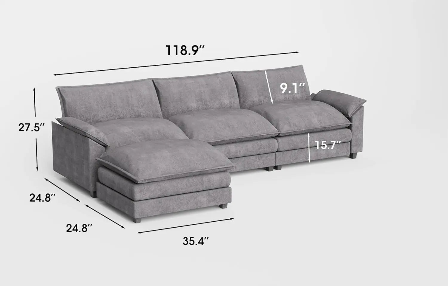 119” Modular Sectional Sofa Couch, Modern Wide Arm L Shaped Couch with Deep Seat and Reversible Ottoman