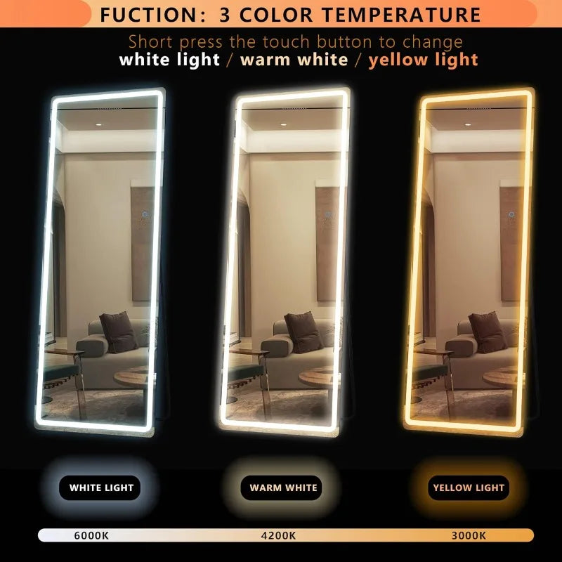 Full Length Mirror, 65"x22" Standing Full Body Mirror with Lights, Floor Lighted Mirror, Stand Up Mirror, Wall Mounted