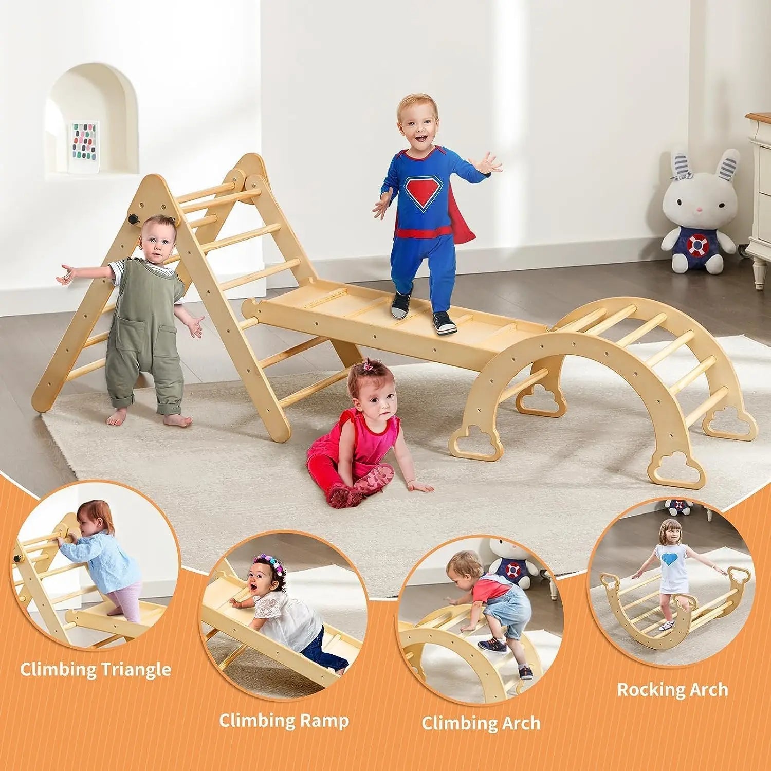 5 in 1 Pikler Triangle Set Wooden Montessori Climbing Set Inside Foldable with Ladder Ramp Arch Rocker and Slide Climbing Toys