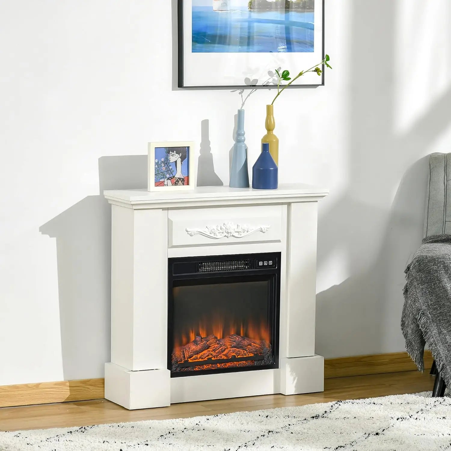 32" Electric Fireplace with Mantel, Freestanding Heater with LED Log Flame, Overheat Protection and Remote Control, 1400W, White