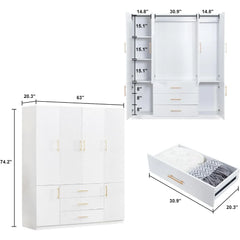 74.2" Tall 4 Doors 3 Drawers White Closet Wardrobe Large Bedroom Freestanding Storage Closet Cabinet Bathroom Clothes Storage