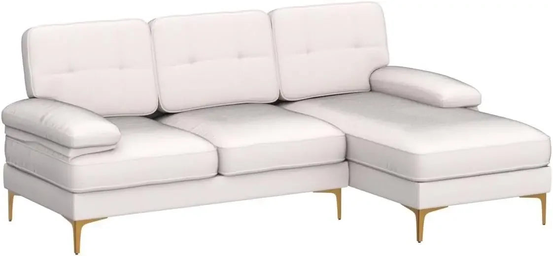 L-Shape Sofa Couch 3-Seat Couch with Chaise ChenilleFabric Upholstered for Living Room, Apartment, Office, Creamy-White