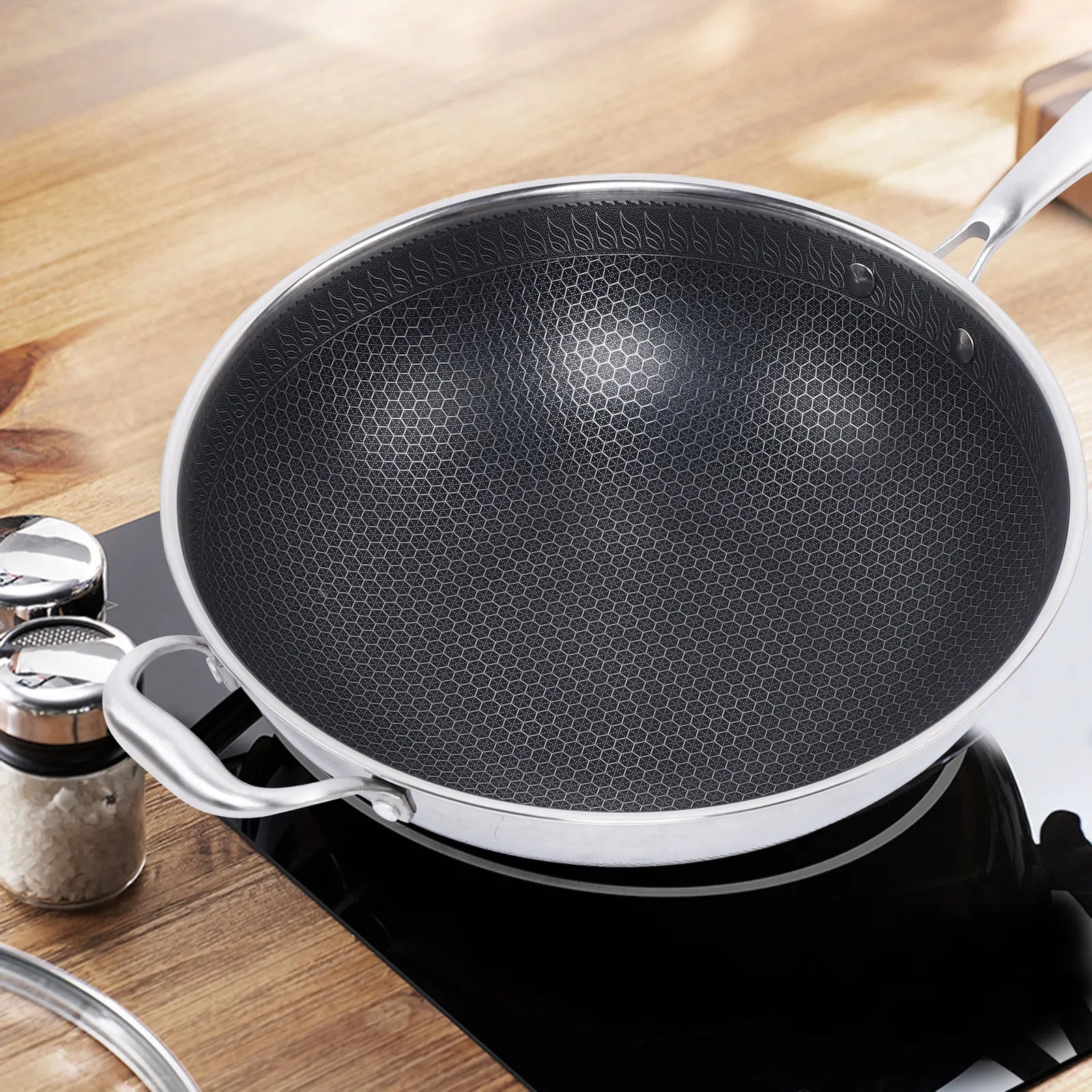 Stainless Steel Non Stick Double Sided Screen Honeycomb Wok Frying Pan Kitchen Chinese Cast Cooking Fry Pan 34cm